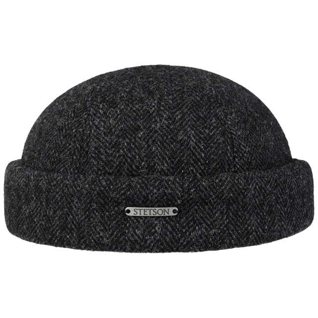 Lækker uld herringbone beanie i grå fra Stetson.