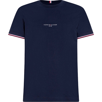 Mørkeblå T-shirt med logo og logo striber fra Tommy Hilfiger.